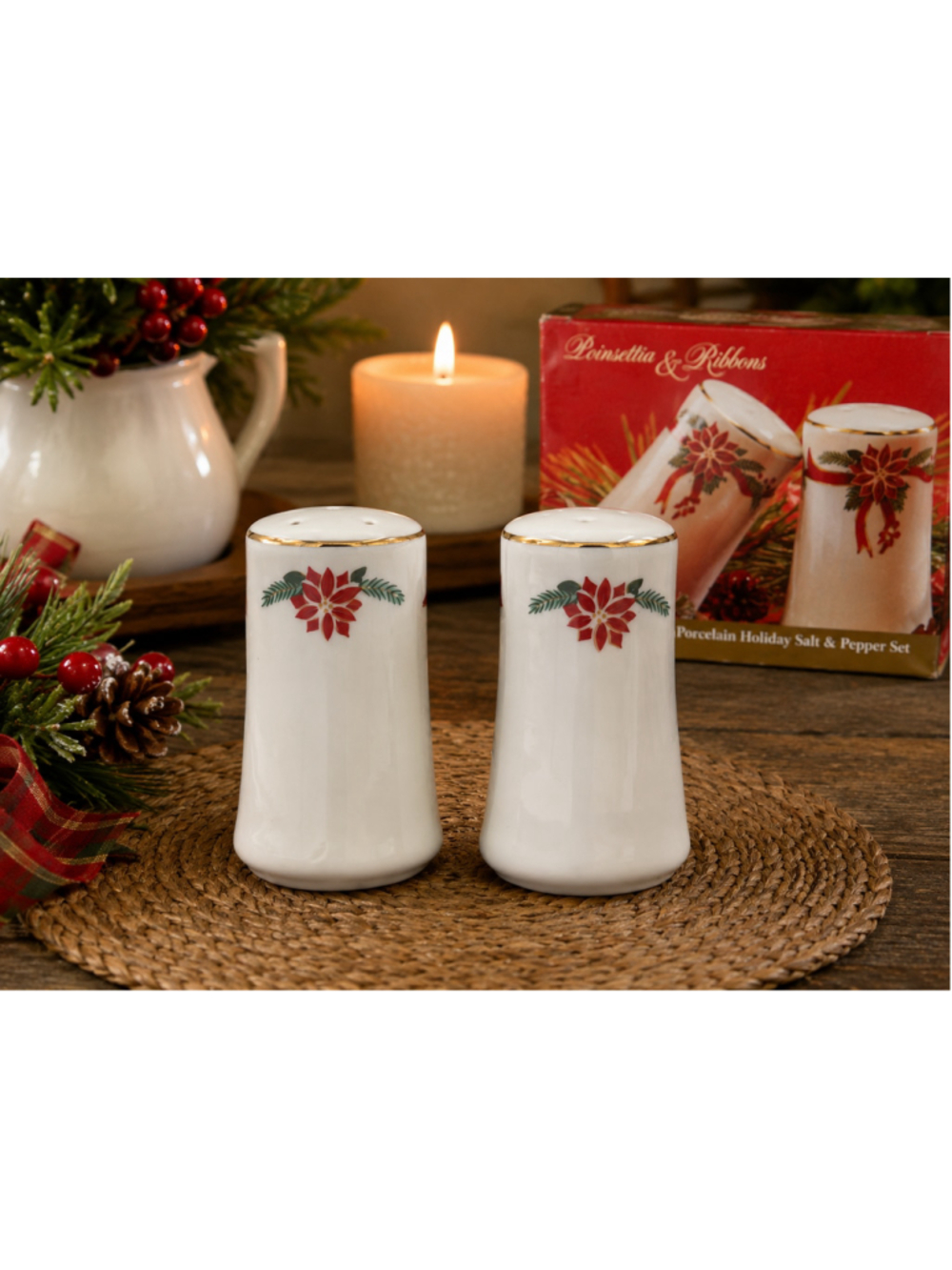 Poinsettia & Ribbons Porcelain Holiday Salt & Pepper Shaker Set w/ Box Christmas